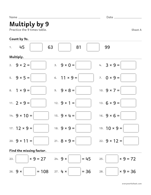Preview of the printable “Multiply by 9, sheet A” worksheet: multiplying by 9