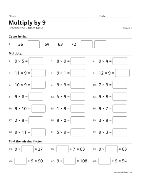 Preview of the printable “Multiply by 9, sheet B” worksheet: multiplying by 9