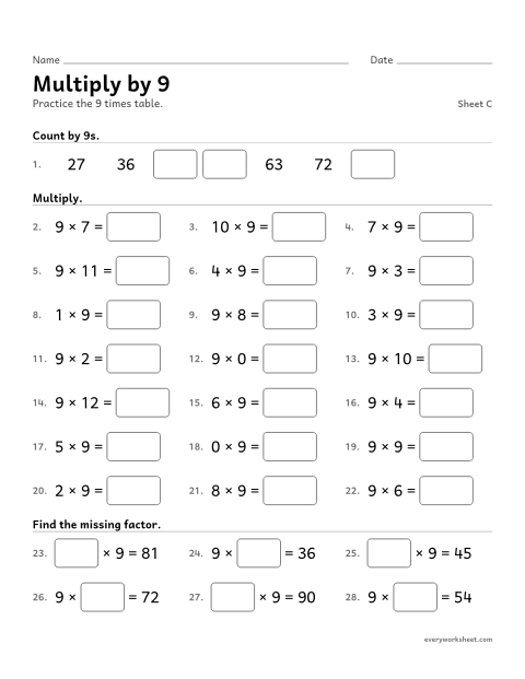 Preview of the printable “Multiply by 9, sheet C” worksheet: multiplying by 9