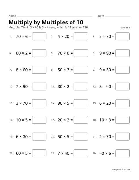 Preview of the printable “Multiply by multiples of 10, sheet B” worksheet: multiplying one-digit numbers by multiples of 10