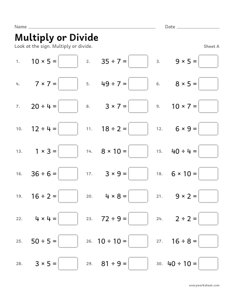 Preview of the printable “Multiply or Divide, sheet A” worksheet: multiplying and dividing within 100