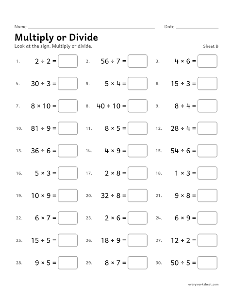 Preview of the printable “Multiply or Divide, sheet B” worksheet: multiplying and dividing within 100