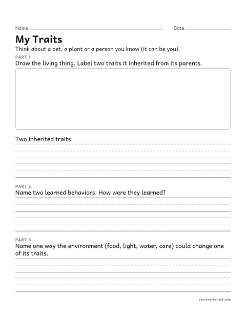 Preview of the printable “Inherited traits and learned behaviors writing page” worksheet: describing inherited traits and learned behaviors with examples