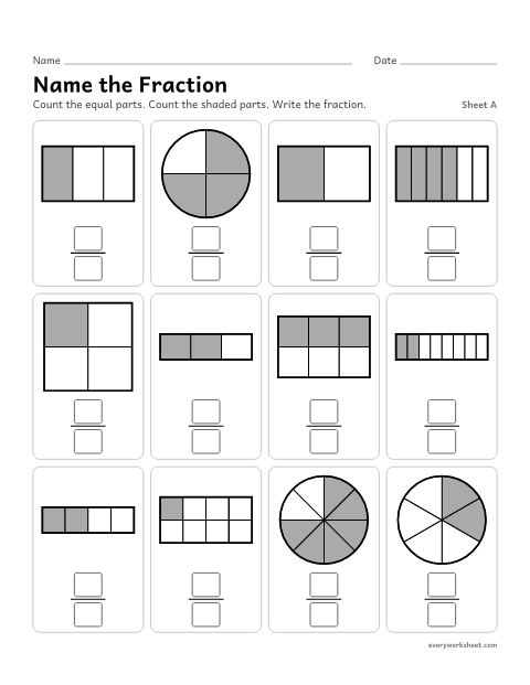 Preview of the printable “Name the Fraction, sheet A” worksheet: writing the fraction shaded in bars, rectangles, grids and circles