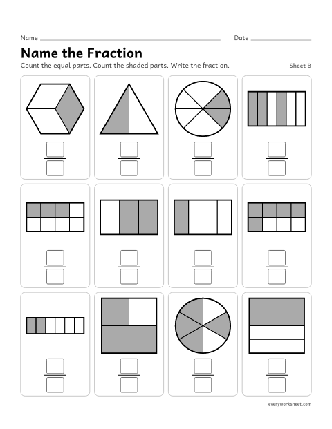 Preview of the printable “Name the Fraction, sheet B” worksheet: writing the fraction shaded in hexagons, triangles, grids and circles with scattered parts