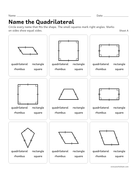 Preview of the printable “Name the Quadrilateral, sheet A” worksheet: circling every name that fits a quadrilateral: quadrilateral, rectangle, rhombus, square