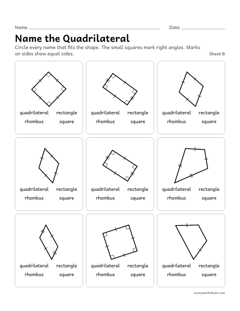 Preview of the printable “Name the Quadrilateral, sheet B” worksheet: circling every name that fits turned quadrilaterals: quadrilateral, rectangle, rhombus, square