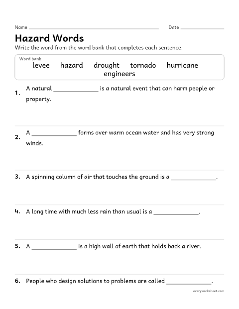 Preview of the printable “Natural hazards vocabulary fill in the blank” worksheet: using the vocabulary of natural hazards and design solutions