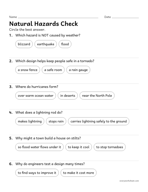 Preview of the printable “Natural hazards quiz for 3rd grade” worksheet: reviewing weather-related hazards and designs that reduce their impact