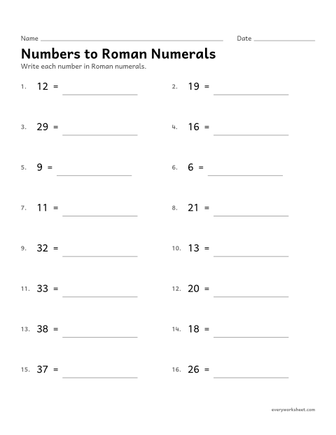Preview of the printable “Numbers to roman numerals” worksheet: writing Roman numerals for numbers from 1 to 39