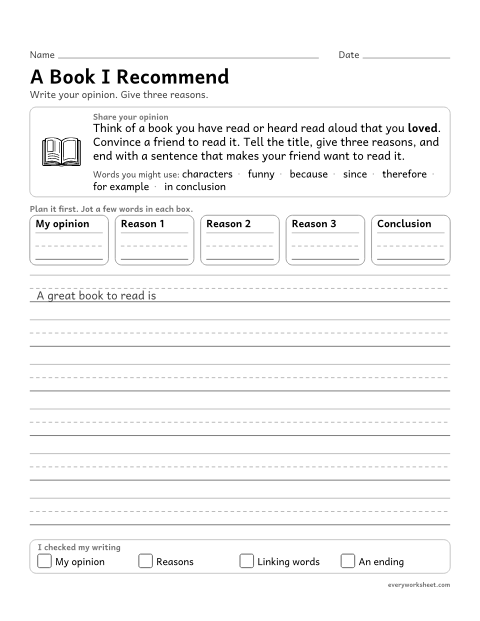 Preview of the printable “A book I recommend” worksheet: recommending a book with reasons and a concluding statement