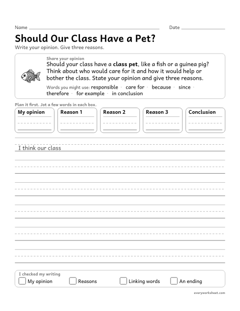 Preview of the printable “Should our class have a Pet?” worksheet: giving reasons that support an opinion about a class pet