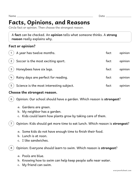 Preview of the printable “Facts, Opinions, and reasons” worksheet: telling facts from opinions and choosing a strong reason that supports an opinion