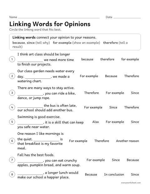 Preview of the printable “Linking words for opinions” worksheet: choosing linking words (because, therefore, since, for example) to connect an opinion and reasons