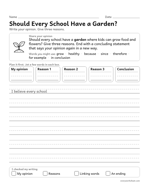 Preview of the printable “Should every school have a Garden?” worksheet: ending an opinion piece with a concluding statement