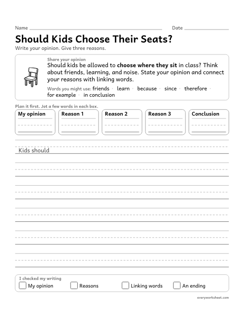 Preview of the printable “Should kids choose their Seats?” worksheet: connecting reasons to an opinion with linking words