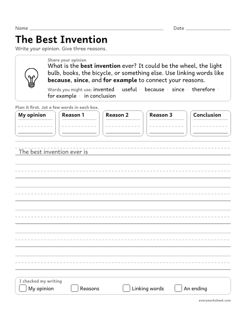 Preview of the printable “The best invention” worksheet: using linking words to connect an opinion and reasons