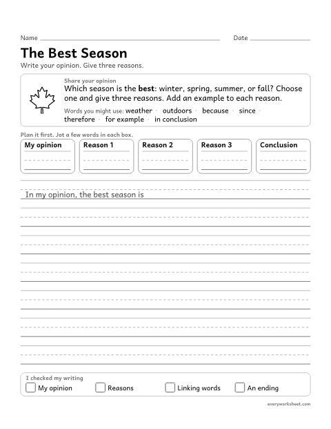 Preview of the printable “The best season” worksheet: giving reasons with examples that support an opinion