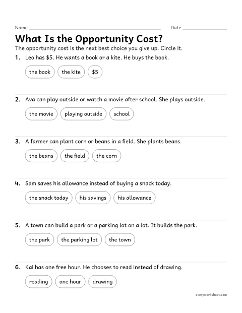 Preview of the printable “Opportunity cost worksheet for 3rd grade” worksheet: identifying the opportunity cost of a choice