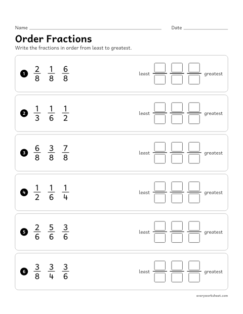 Preview of the printable “Order fractions” worksheet: ordering three fractions with the same numerator or the same denominator from least to greatest