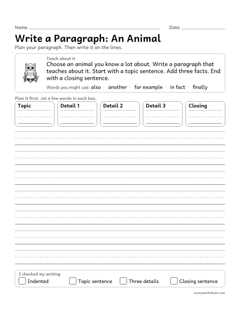 Preview of the printable “Write a Paragraph: an animal” worksheet: writing an informative paragraph with a topic sentence, three facts, and a closing sentence