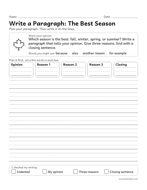 Preview of the printable “Write a Paragraph: the best season” worksheet: writing an opinion paragraph with reasons, linking words, and a closing sentence
