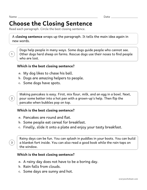 Preview of the printable “Choose the closing sentence” worksheet: choosing a closing sentence that wraps up a paragraph