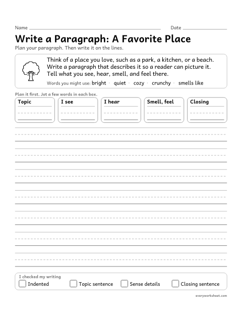 Preview of the printable “Write a Paragraph: A favorite place” worksheet: writing a descriptive paragraph about a place with sense details