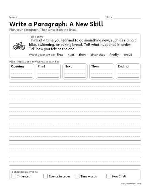Preview of the printable “Write a Paragraph: A new skill” worksheet: writing a narrative paragraph with events in order, time words, and a closing