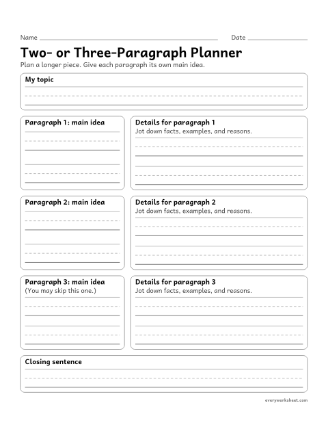 Preview of the printable “Two- or Three-Paragraph planner” worksheet: grouping related information into two or three paragraphs, each with its own main idea