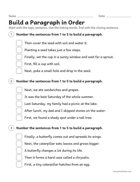 Preview of the printable “Build a paragraph in order” worksheet: ordering a topic sentence, details, and a closing sentence into a paragraph