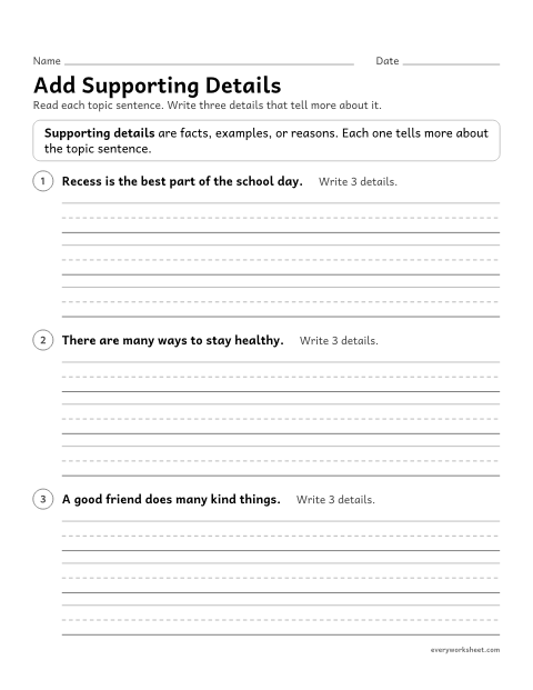 Preview of the printable “Add supporting details” worksheet: developing a topic sentence with three supporting details