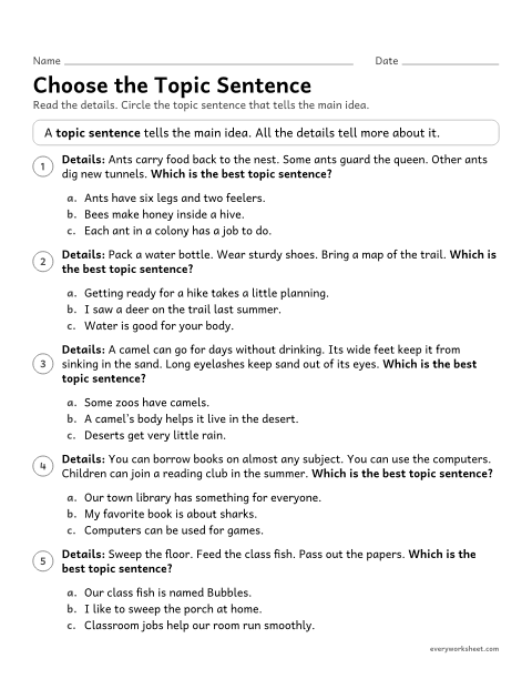 Preview of the printable “Choose the topic sentence” worksheet: choosing a topic sentence that states the main idea of a group of details