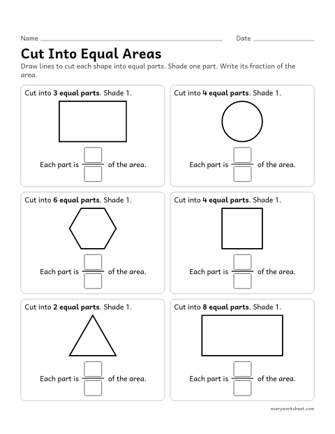 Preview of the printable “Cut into equal areas” worksheet: drawing lines to cut shapes into parts with equal areas and naming each part as a unit fraction