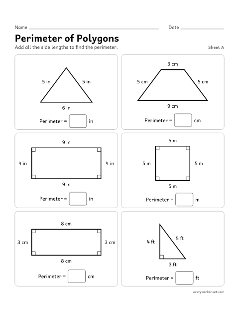 Preview of the printable “Perimeter of Polygons, sheet A” worksheet: adding side lengths to find the perimeter of rectangles, squares, triangles and trapezoids