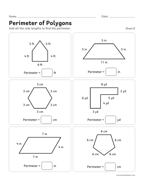 Preview of the printable “Perimeter of Polygons, sheet B” worksheet: adding side lengths to find the perimeter of hexagons, pentagons, trapezoids and rectilinear shapes