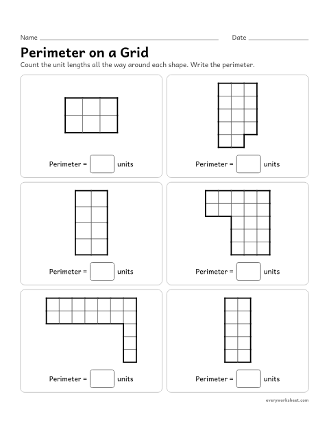 Preview of the printable “Perimeter on a grid” worksheet: finding perimeter by counting the unit lengths around a shape on a grid