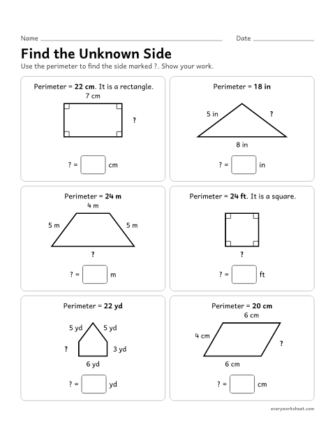 Preview of the printable “Find the unknown side” worksheet: using the perimeter to find an unknown side length