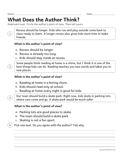 Preview of the printable “What does the author Think?” worksheet: naming the author's point of view in short texts and telling it apart from my own