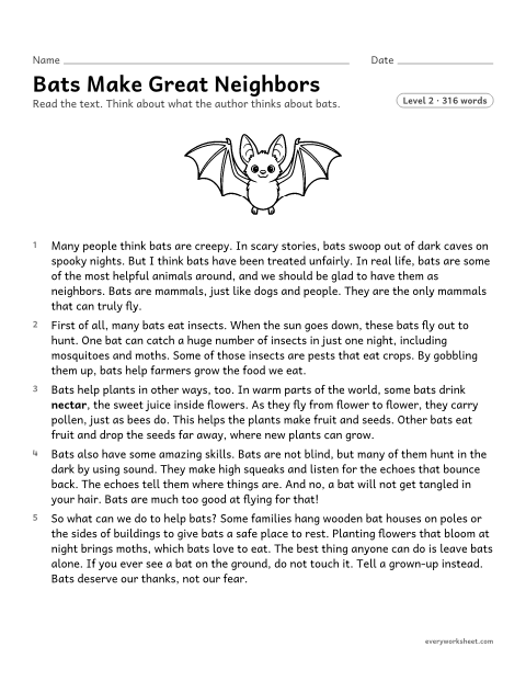 Preview of the printable “Bats make great neighbors” worksheet: finding the author's point of view in a nonfiction text and telling it apart from my own