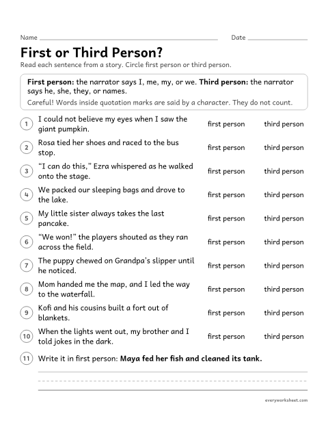 Preview of the printable “First or third Person?” worksheet: telling whether a story is told in first person or third person