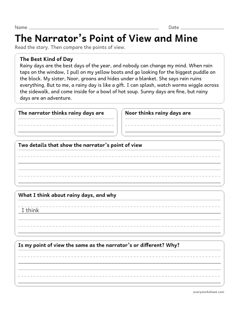 Preview of the printable “The Narrator's point of view and mine” worksheet: telling my own point of view apart from the narrator's and another character's