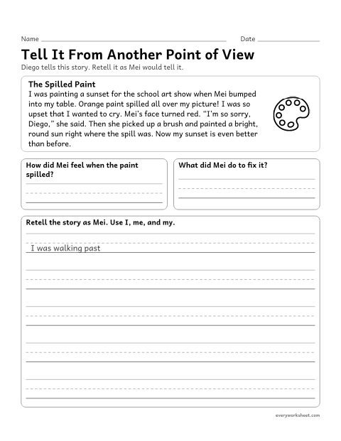 Preview of the printable “Tell it from another point of view” worksheet: retelling a scene in first person from another character's point of view