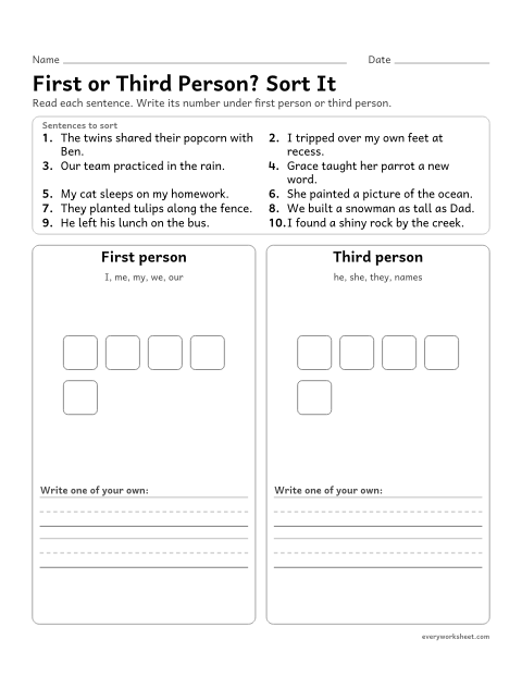 Preview of the printable “First or third Person? sort it” worksheet: sorting sentences by first and third person point of view