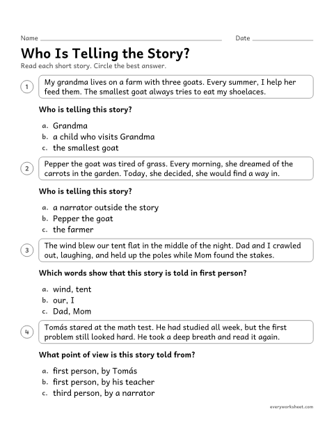 Preview of the printable “Who is telling the Story?” worksheet: finding the narrator and the point of view of a short story