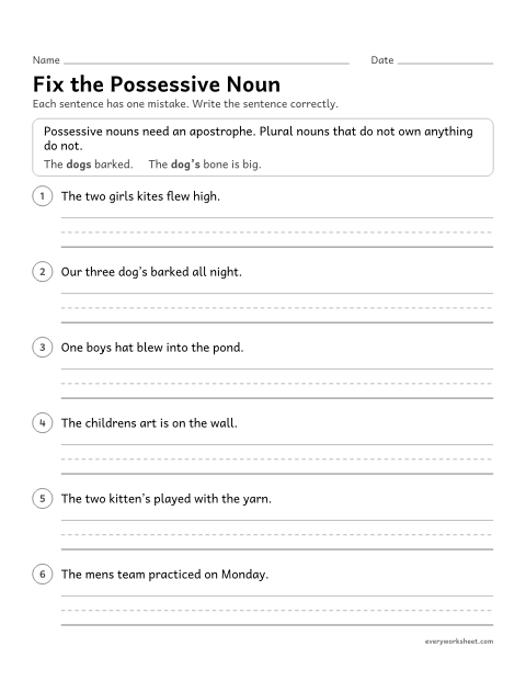 Preview of the printable “Fix the possessive noun” worksheet: correcting errors with possessive and plural nouns
