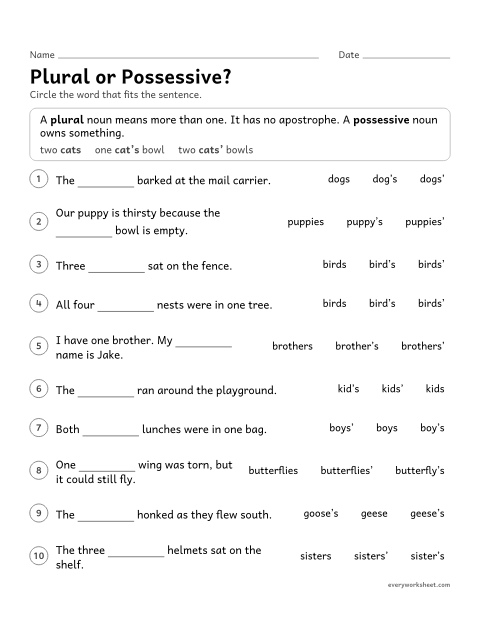 Preview of the printable “Plural or Possessive?” worksheet: telling plural nouns from singular and plural possessive nouns