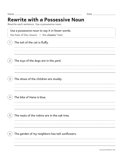 Preview of the printable “Rewrite with a possessive noun” worksheet: rewriting "the ___ of the ___" phrases with possessive nouns