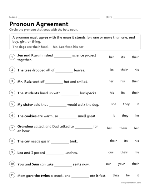 Preview of the printable “Pronoun agreement” worksheet: choosing a pronoun that agrees with its antecedent