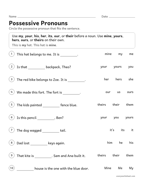 Preview of the printable “Possessive pronouns” worksheet: using possessive pronouns such as my, mine, their, and theirs